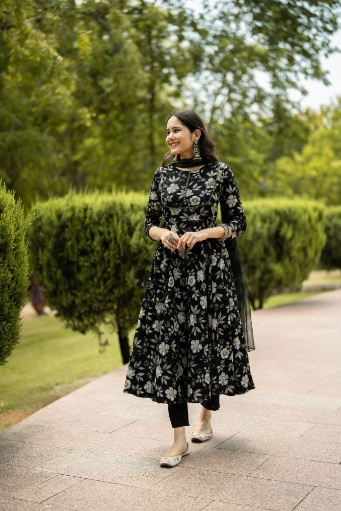 Akshar Designer Cotton Printed Anarkali Kurti With Bottom Dupatta Wholesale Shop In Surat
